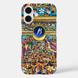 COLORFUL BIRDS ,FLORAL SWIRLS BLUE GEM MONOGRAM iPhone 16 CASE