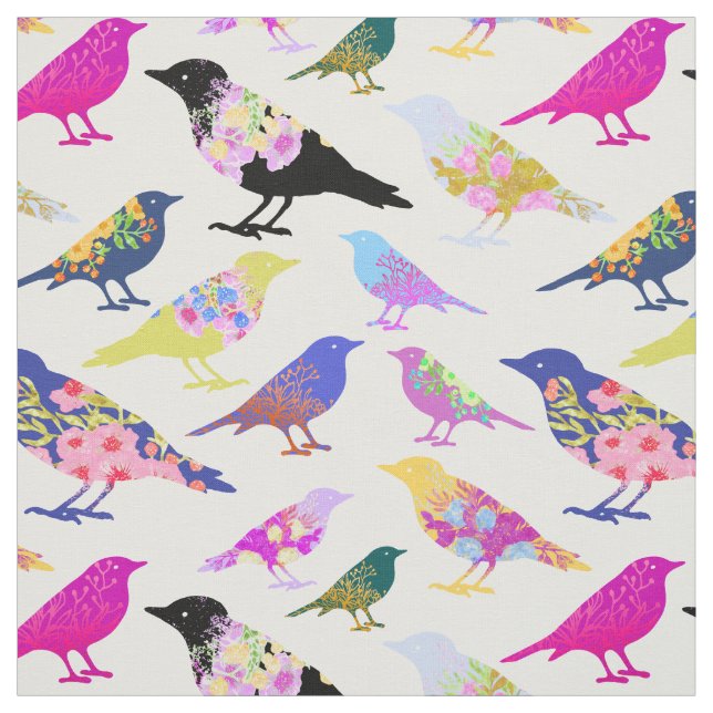 Colorful Birds Flowers Bouquet Chic Floral Pattern Fabric (Swatch)
