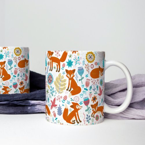 Colorful Birds Flowers  Foxes Pattern Coffee Mug