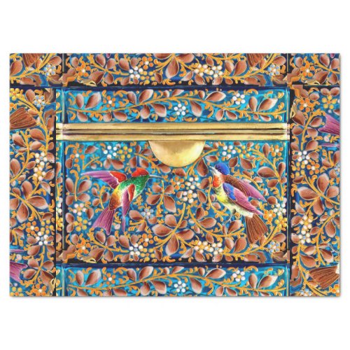 COLORFUL BIRDS FLOWERS GOLD BLUE FLORAL SWIRLS TISSUE PAPER