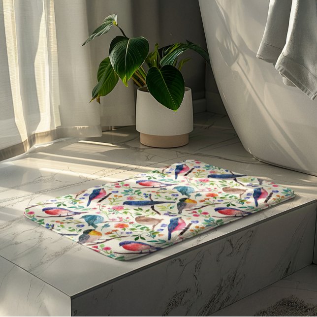 Colorful Birds Flowers Pattern Bath Mat (Creator Uploaded)