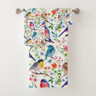 Colorful Birds Flowers Pattern Bath Towel Set