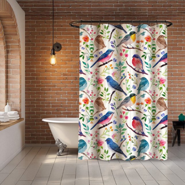 Colorful Birds Flowers Pattern Shower Curtain (Creator Uploaded)