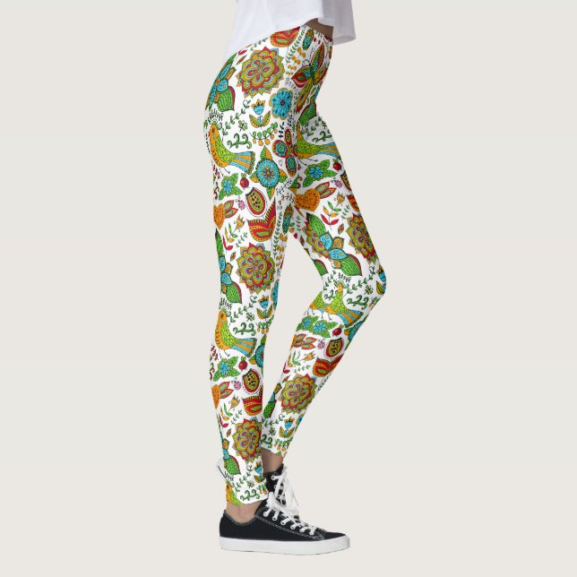 colorful birds & flowers retro pattern leggings (Right)