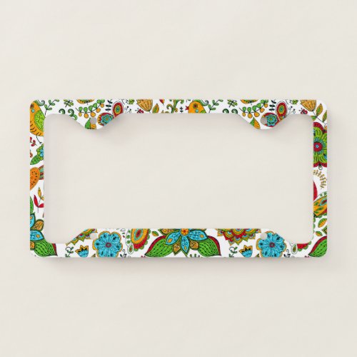 Colorful birds  flowers retro pattern license plate frame