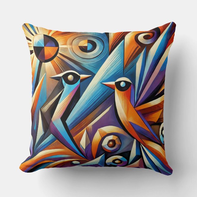 Colorful Birds in a Vibrant Geometric Style Throw Pillow (Front)