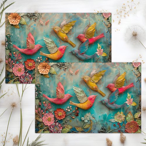 COLORFUL BIRDS IN FLIGHT MIXED MEDIA DECOUPAGE TISSUE PAPER