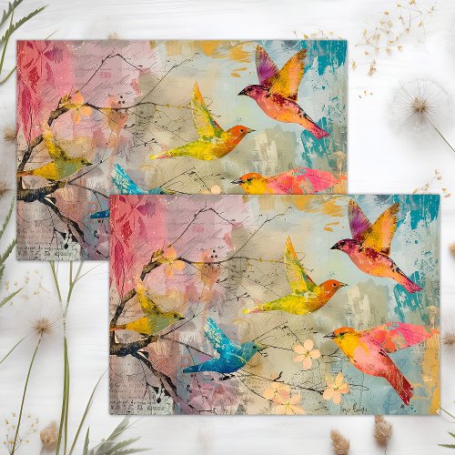 COLORFUL BIRDS IN FLIGHT MIXED MEDIA DECOUPAGE TISSUE PAPER