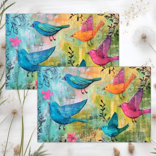 COLORFUL BIRDS IN FLIGHT MIXED MEDIA DECOUPAGE TISSUE PAPER