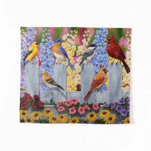 Colorful Birds in Flower Garden Tapestry