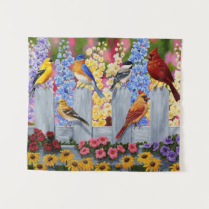 Colorful Birds in Flower Garden Tapestry
