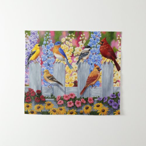 Colorful Birds in Flower Garden Tapestry