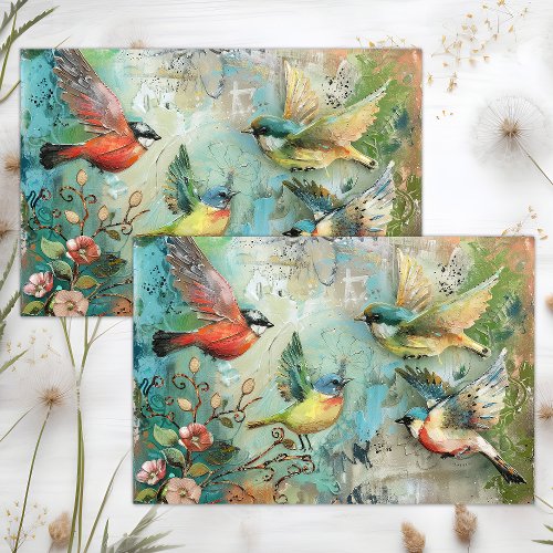 COLORFUL BIRDS IN GARDEN MIXED MEDIA DECOUPAGE TISSUE PAPER