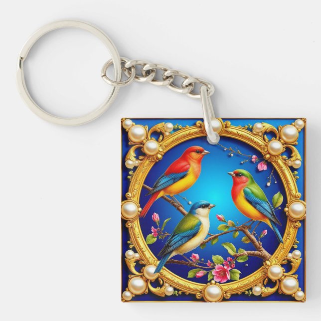 🕊️ Colorful Birds in Golden Frame For Gift 🕊 Keychain (Front)