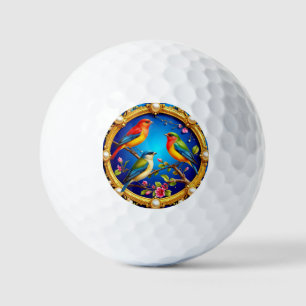 Colorful Birds in Ornate Golden Frame Golf Balls
