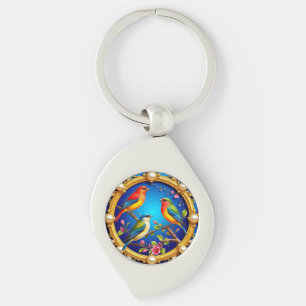 Colorful Birds in Ornate Golden Frame Keychain