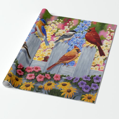 Colorful Birds in Spring Flower Garden Wrapping Paper