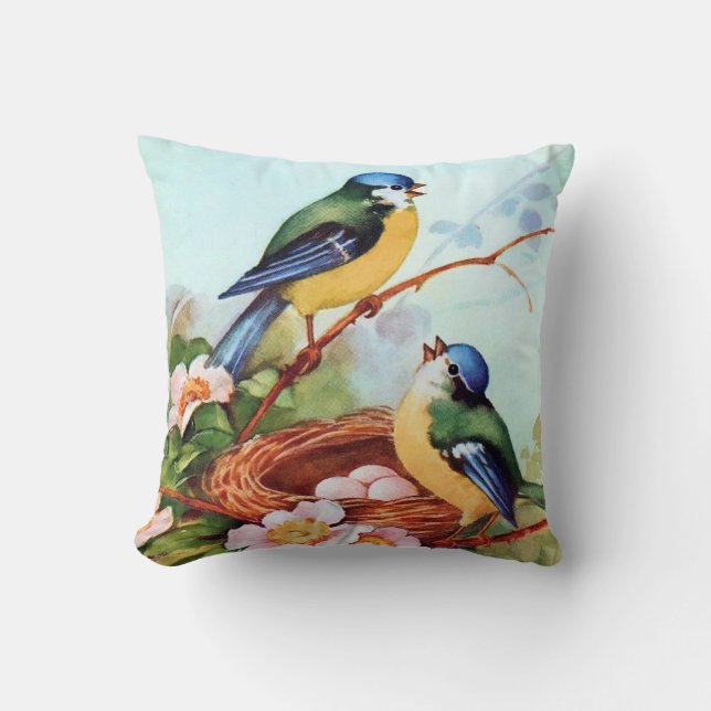 Colorful Birds in Springtime Throw Pillow (Front)