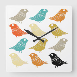 Colorful Birds Mid Century Modern Kitchen Square Wall Clock