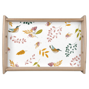 Colorful birds on a floral background serving tray