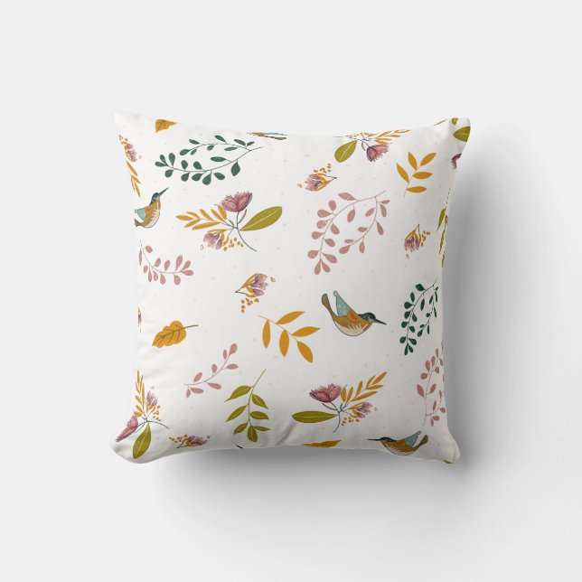 Colorful birds on a floral background throw pillow (Front)