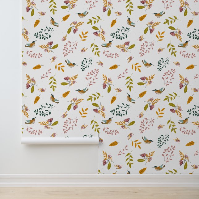 Colorful birds on a floral background wallpaper  (Application)