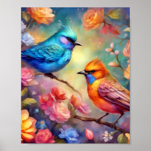 Colorful Birds on Branch Pink Rose Blue Bird 99 Poster