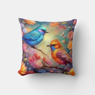 Colorful Birds on Branch Pink Rose Blue Bird 99 Throw Pillow