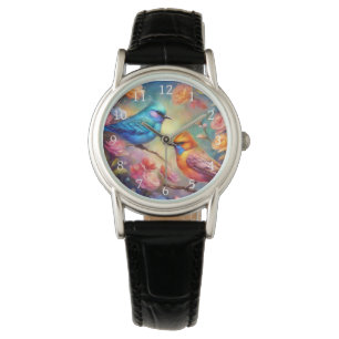 Colorful Birds on Branch Pink Rose Blue Bird 99 Watch