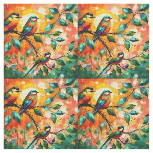Colorful Birds on Branches Summertime Fabric