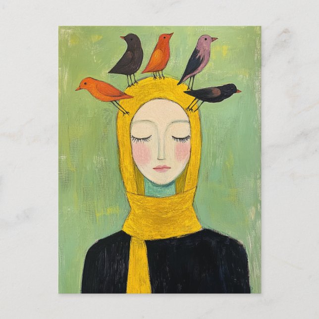 Colorful Birds on Her Head Postcard (Front)