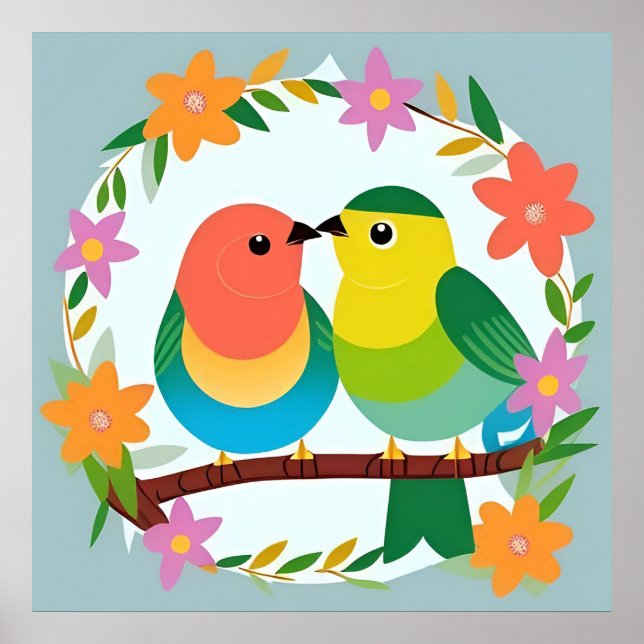 Colorful Birds Perched on a Branch Poster (Front)
