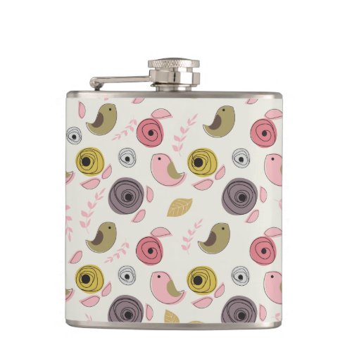 Colorful Birds Pink Green Chicks Girly Hip Flask