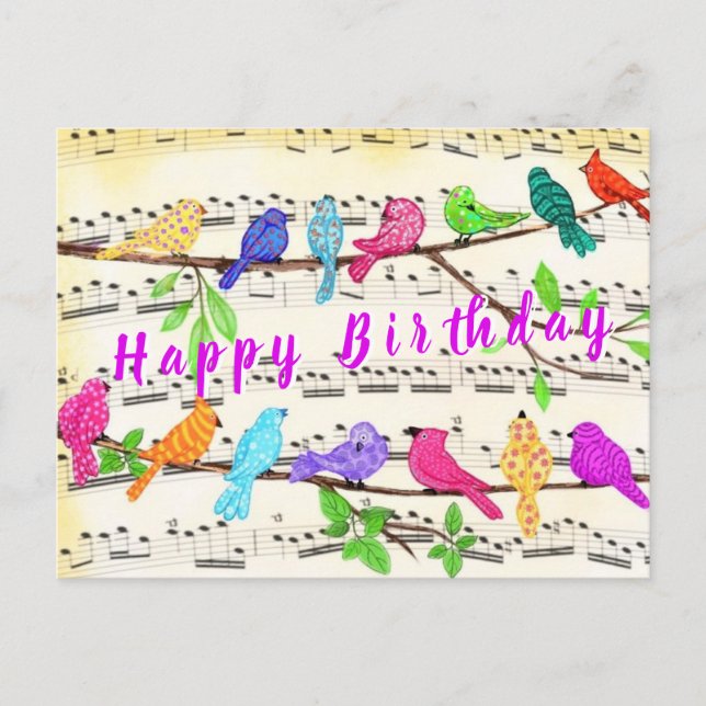 Colorful Birds Song Musical Happy Birthday Card  (Front)