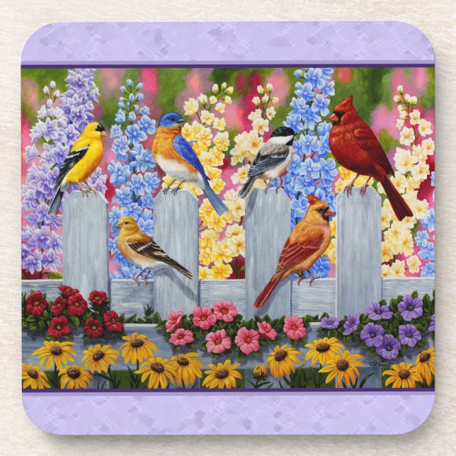 Colorful Birds Spring Garden Purple Coaster (Front)
