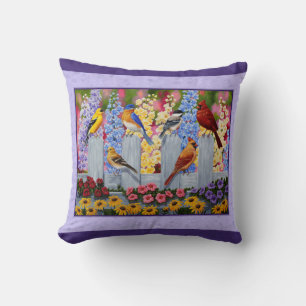 Colorful Birds Spring Garden Purple Throw Pillow