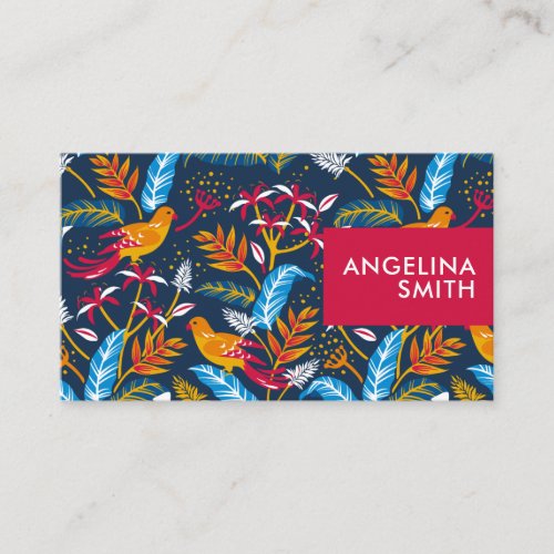 Colorful birds tropical floral pattern minimalist business card