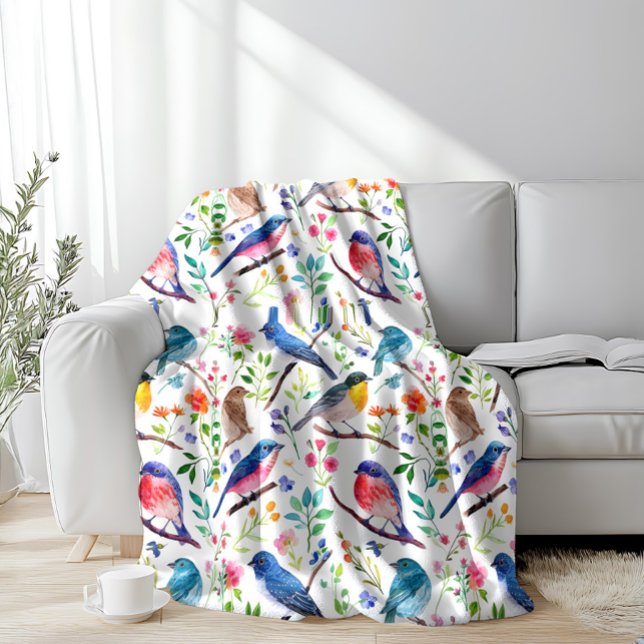 Colorful Birds & Whimsical Flowers Pattern Fleece Blanket (Creator Uploaded)