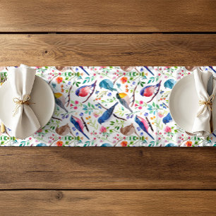 Colorful Birds & Whimsical Flowers Pattern Short Table Runner