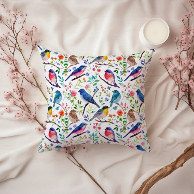 Colorful Birds & Whimsical Flowers Pattern Throw Pillow (Creator Uploaded)