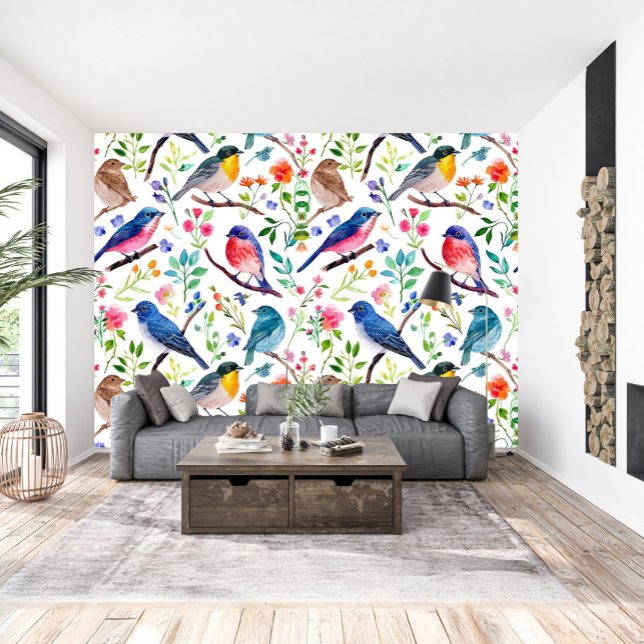Colorful Birds & Whimsical Flowers Pattern Wallpaper (Creator Uploaded)
