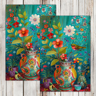 COLORFUL BIRDS WITH FLOWERS IN VASE DECOUPAGE TISSUE PAPER