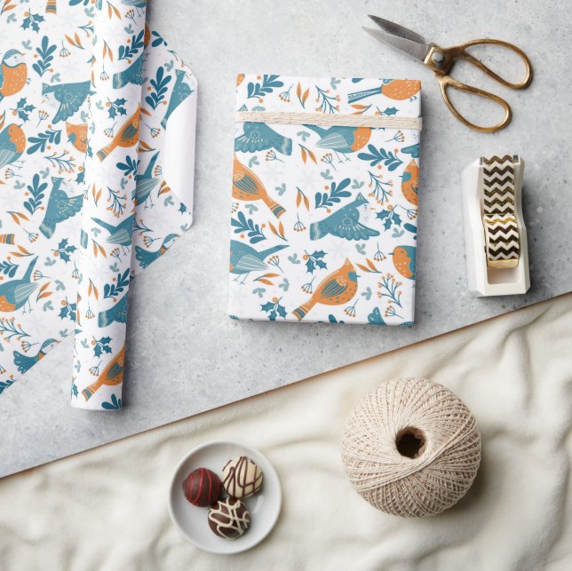 Colorful birds with winter and Christmas symbols Wrapping Paper (Crafts)