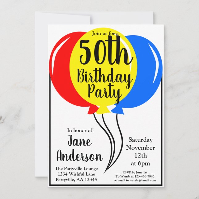 Colorful Birthday Balloons 50th Party Invitation (Front)