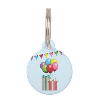 Colorful Birthday Balloons And Presents On Blue Pet ID Tag
