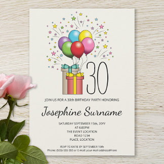 Colorful Birthday Balloons And Presents With Age Invitation
