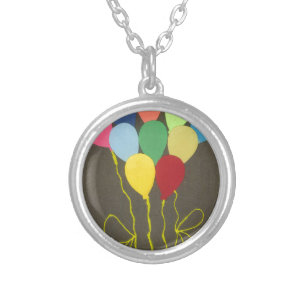 Colorful Birthday Balloons Graphic Art Design Silver Plated Necklace