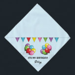 Colorful Birthday Balloons - It's My Birthday Bandana<br><div class="desc">Destei's original cartoon illustration of colorful birthday balloons including the colors red, green, pink, yellow, blue and purple. There is also a colorful bunting banner above the balloons. The background color is light blue. One personalizable text area reads: "It's My Birthday!" while on another there is space for a name....</div>