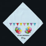 Colorful Birthday Balloons - It's My Birthday Bandana<br><div class="desc">Destei's original cartoon illustration of colorful birthday balloons including the colors red, green, pink, yellow, blue and purple. There is also a colorful bunting banner above the balloons. The background color is light blue. One personalizable text area reads: "It's My Birthday!" while on another there is space for a name....</div>