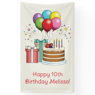 Colorful Birthday Balloons With Cake And Presents Banner